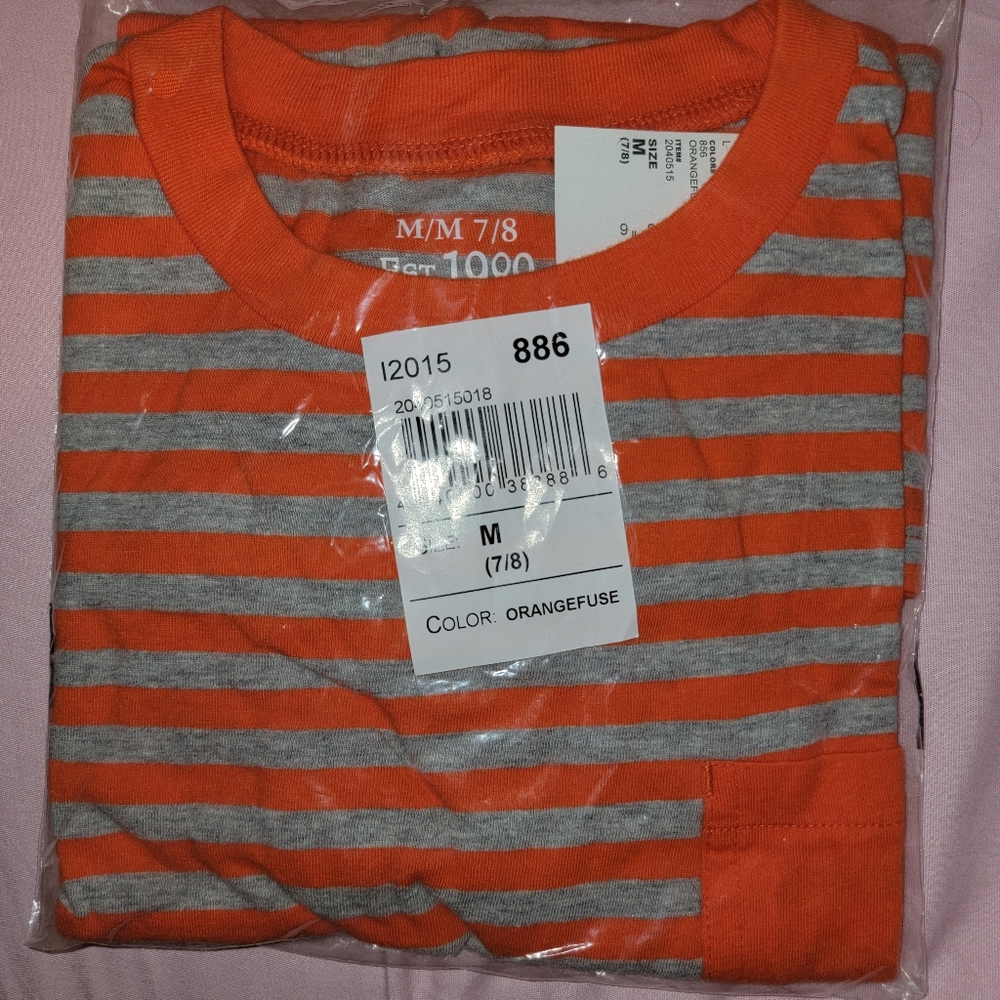 Striped orange with gray shirt